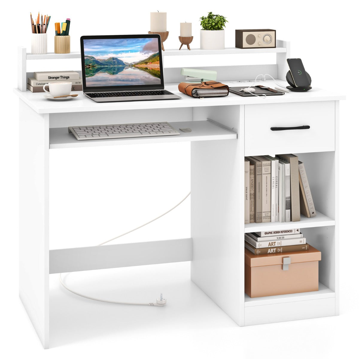 LIVSK Computerbureau met Oplaadstation - Uitschuifbare Toetsenbordlade - Verstelbare Planken - 105 x 55 x 89 cm - Wit