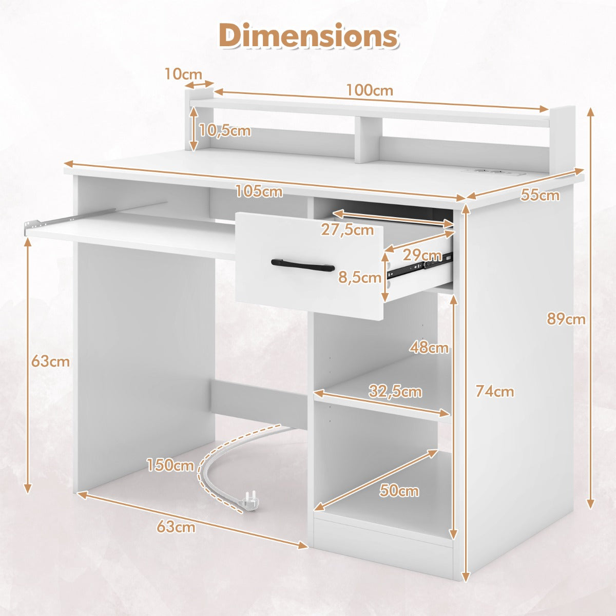 LIVSK Computerbureau met Oplaadstation - Uitschuifbare Toetsenbordlade - Verstelbare Planken - 105 x 55 x 89 cm - Wit