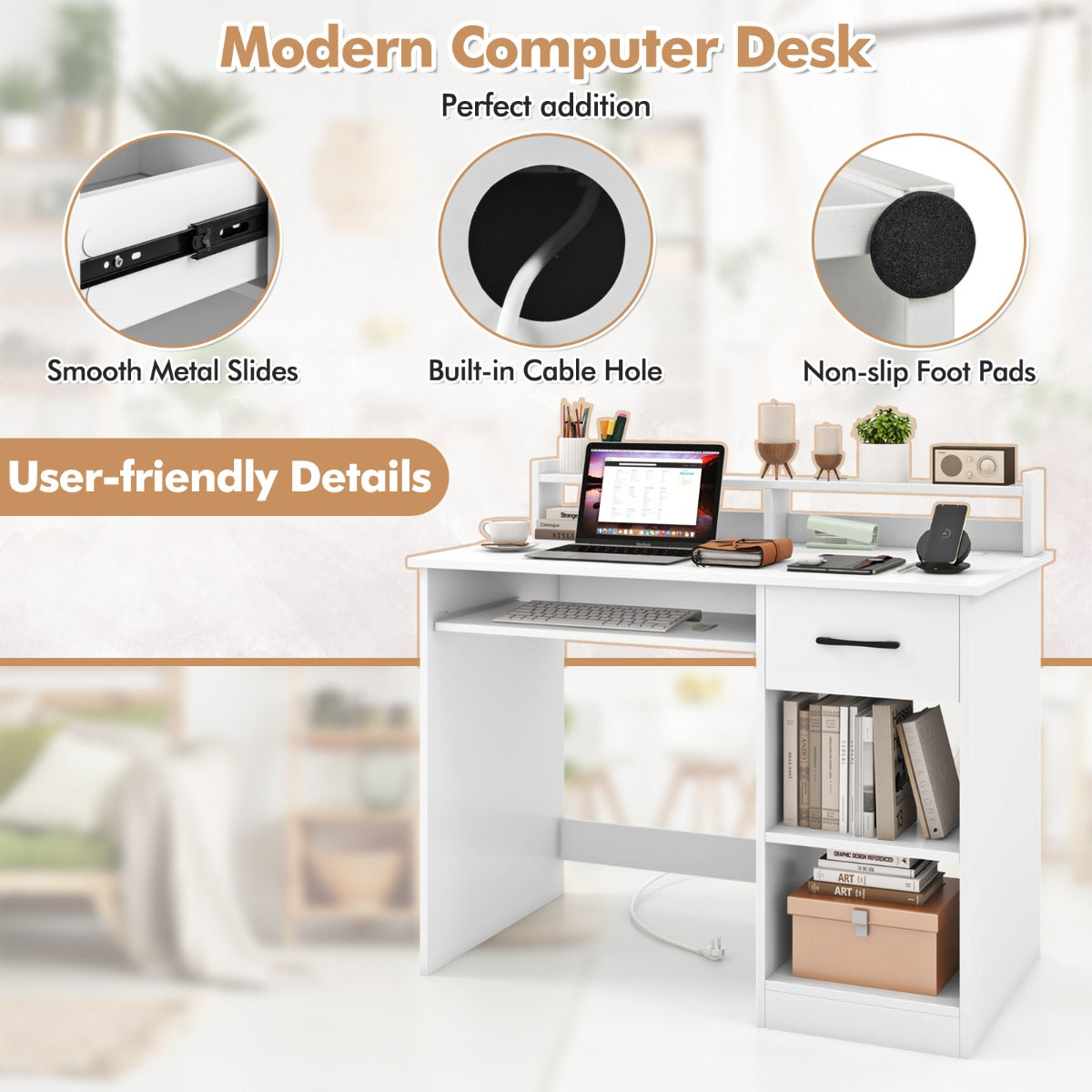 LIVSK Computerbureau met Oplaadstation - Uitschuifbare Toetsenbordlade - Verstelbare Planken - 105 x 55 x 89 cm - Wit