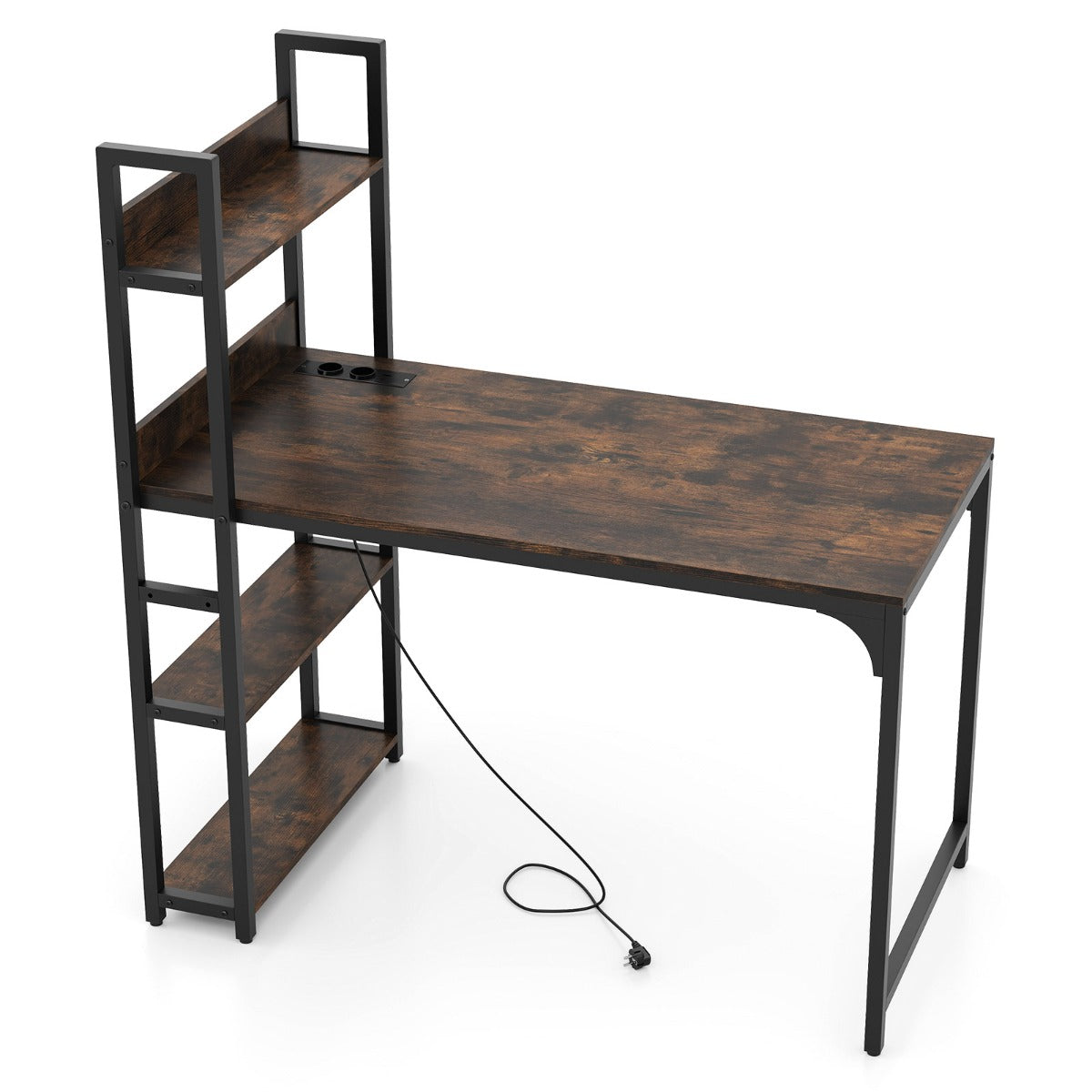 LIVSK Computerbureau met Geïntegreerde Stekkerdoos - Met Boekenkast - Stabiel Metalen Frame - Voor Thuiswerk - 120 x 65 x 130 cm