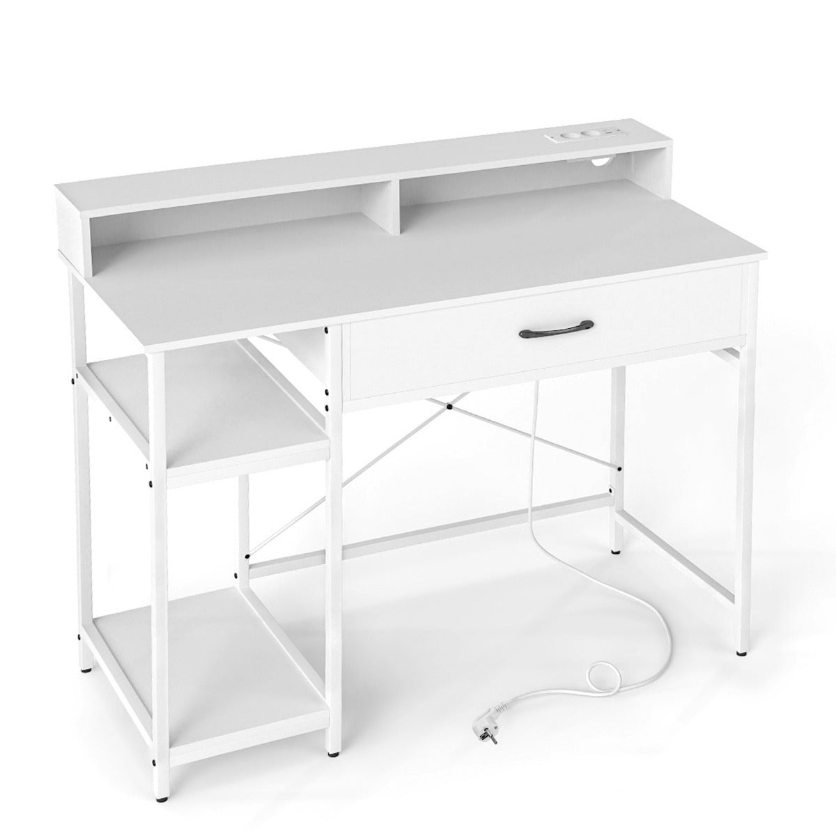 Livsk costway computerbureau met stopcontacten bureau met extra lade en twee open planken wit 1 1