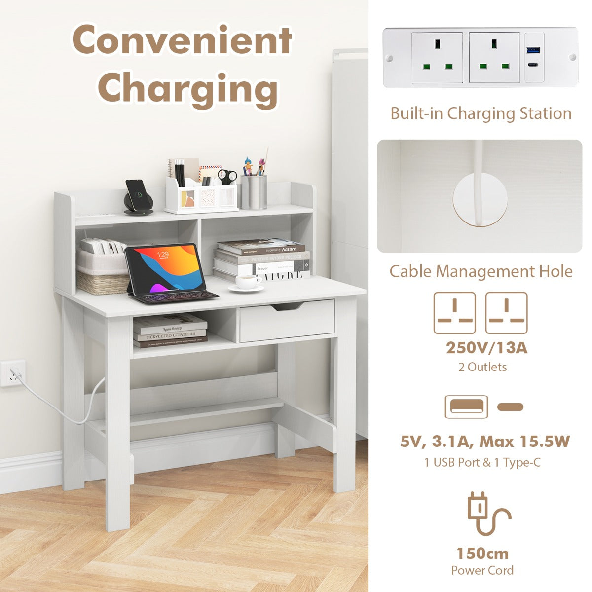 LIVSK Computerbureau met Oplaadstation - 2 Stopcontacten - USB & Type-C Poorten - Grote Lade - 56 x 95 x 109,5 cm - Wit