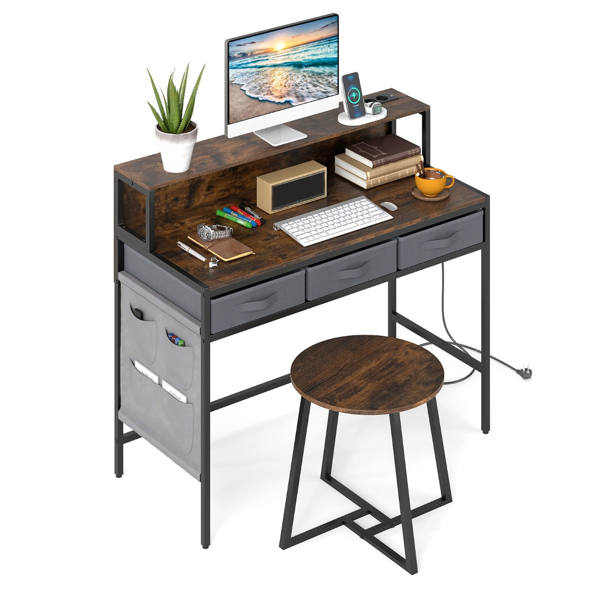 Livsk costway computerbureau met stopcontacten kaptafel en kruk met monitorstandaard linnenkasten bruin