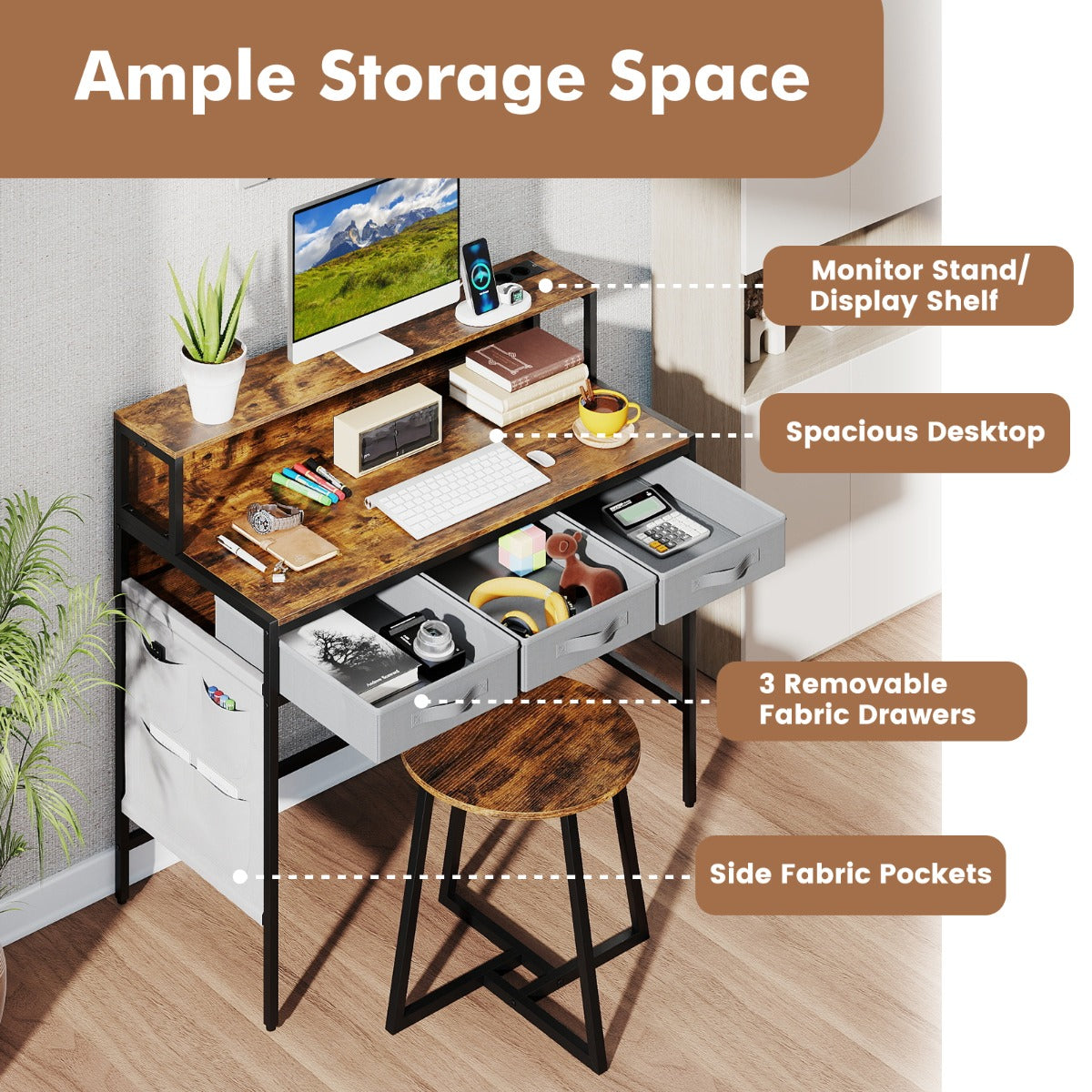 Livsk costway computerbureau met stopcontacten kaptafel en kruk met monitorstandaard linnenkasten bruin 3