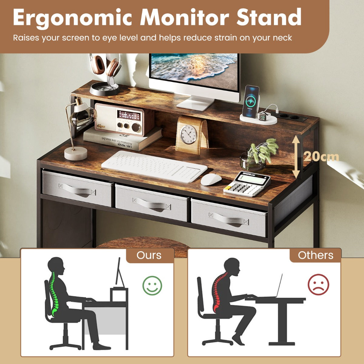 Livsk costway computerbureau met stopcontacten kaptafel en kruk met monitorstandaard linnenkasten bruin 6
