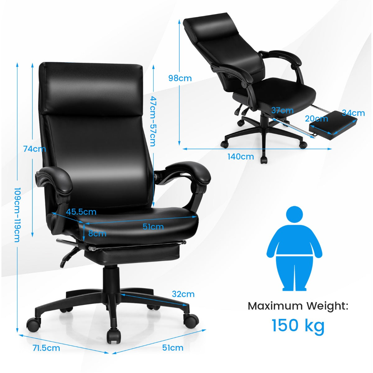 LIVSK Managersstoel - Ergonomisch met Hoofdsteun en Inklapbare Voetensteun - Verstelbaar - Tot 150 kg - PVC-leer - Zwart