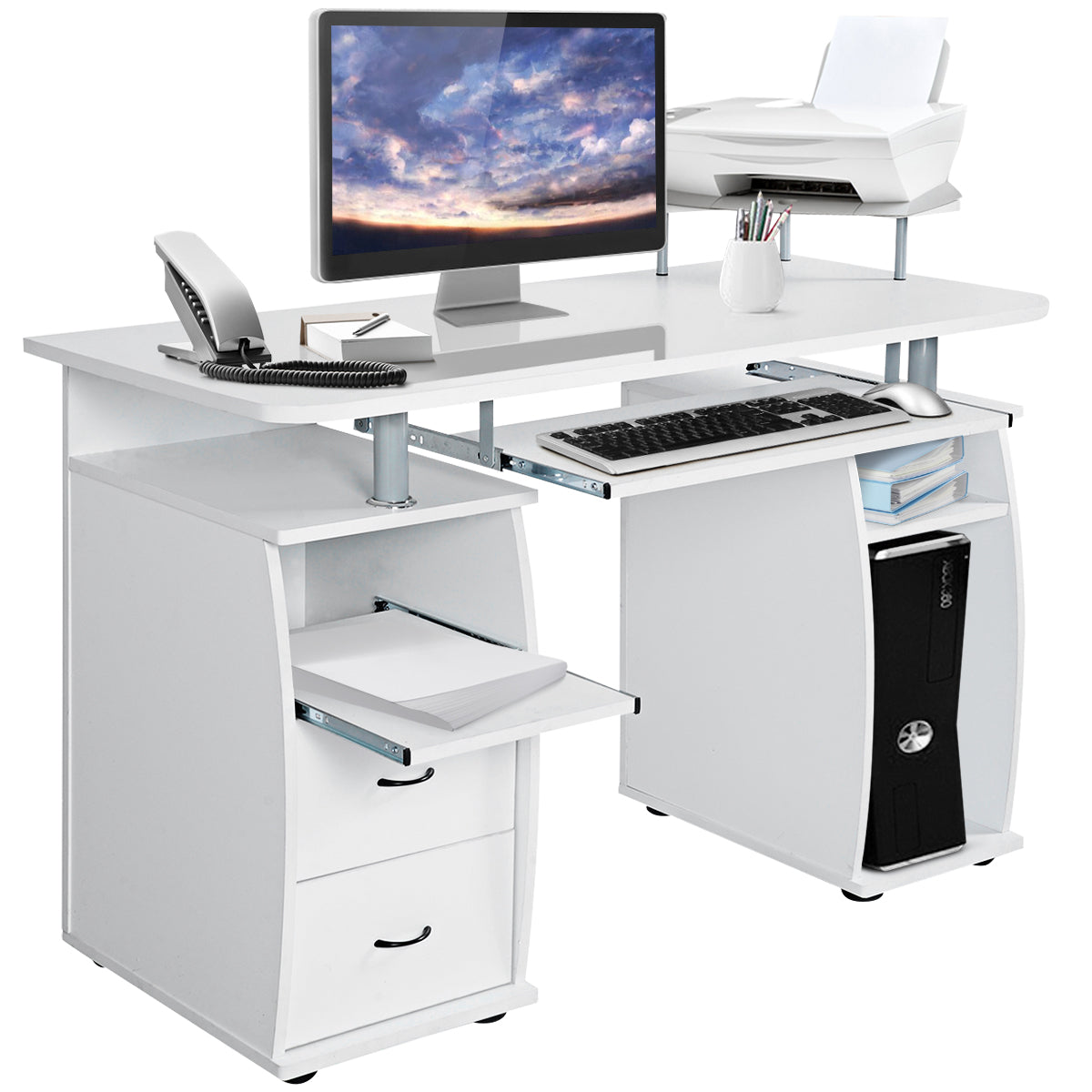 LIVSK Computertafel met Toetsenbordlade en Printerplank - Hoogwaardig MDF - 2 Lades - Stabiel - 120 x 55 x 85 cm - Wit