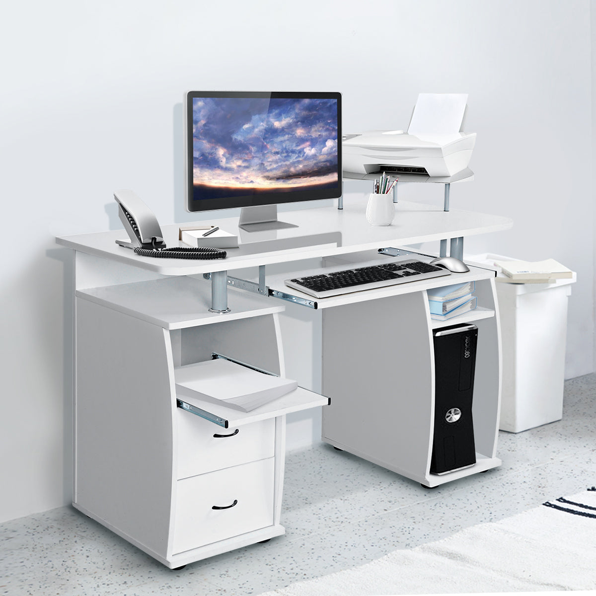 LIVSK Computertafel met Toetsenbordlade en Printerplank - Hoogwaardig MDF - 2 Lades - Stabiel - 120 x 55 x 85 cm - Wit