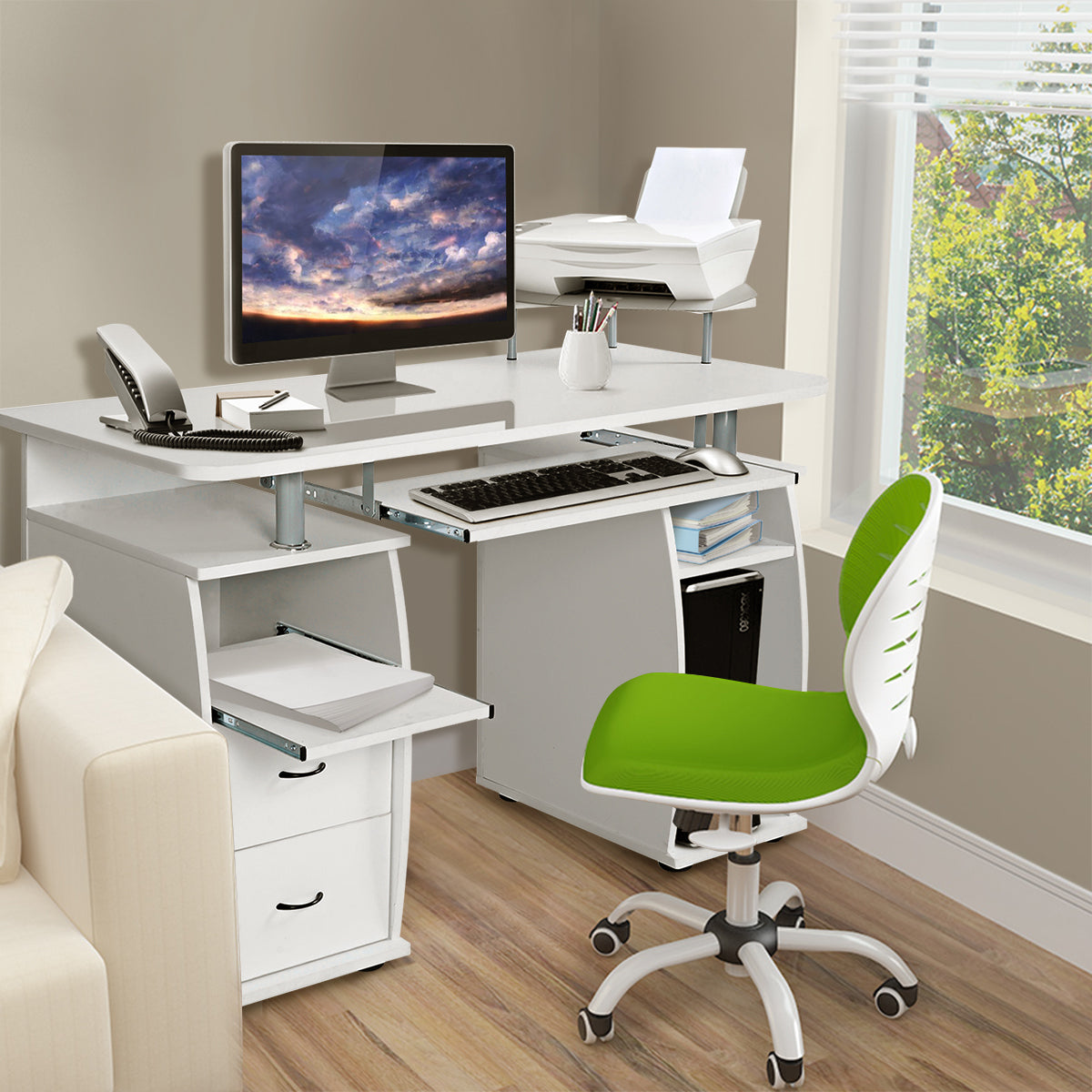 LIVSK Computertafel met Toetsenbordlade en Printerplank - Hoogwaardig MDF - 2 Lades - Stabiel - 120 x 55 x 85 cm - Wit