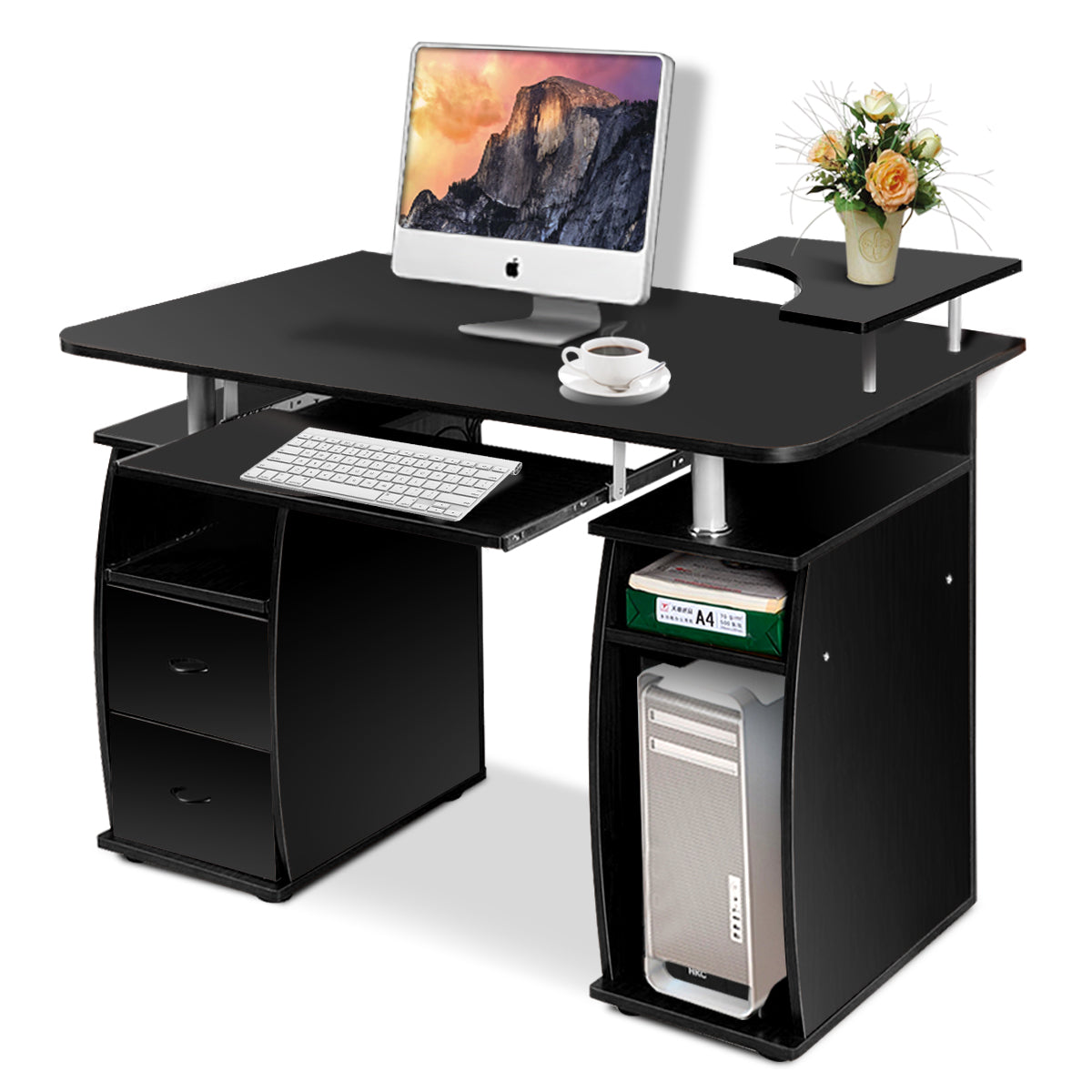 LIVSK Computertafel - Bureau met Toetsenbordlade en Printerplank - 120 x 55 x 85 cm - Gemakkelijk te monteren - Zwart