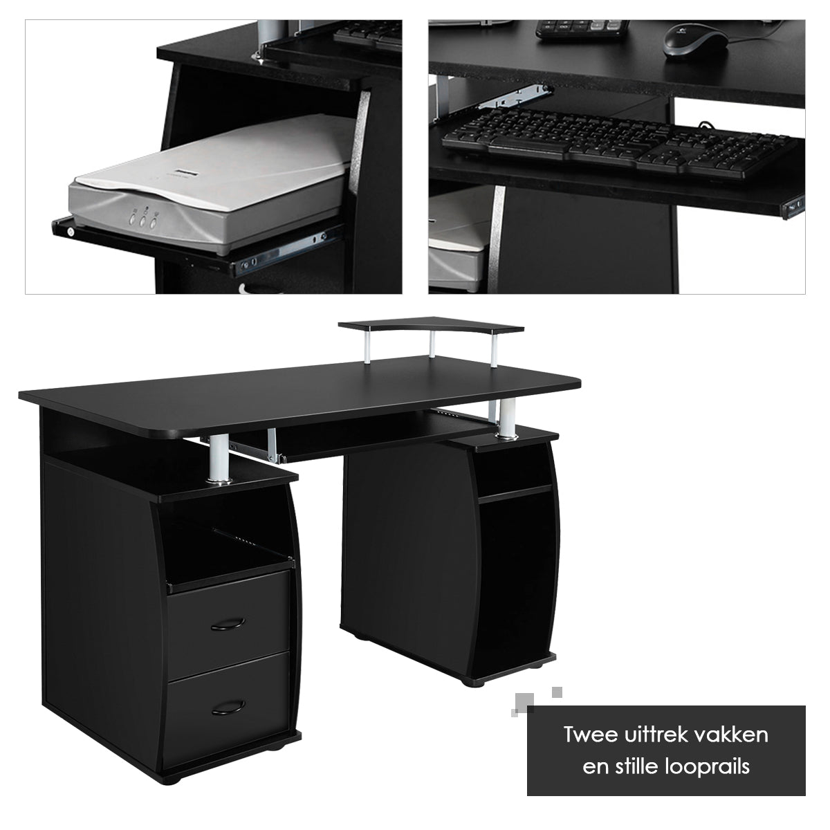 LIVSK Computertafel - Bureau met Toetsenbordlade en Printerplank - 120 x 55 x 85 cm - Gemakkelijk te monteren - Zwart