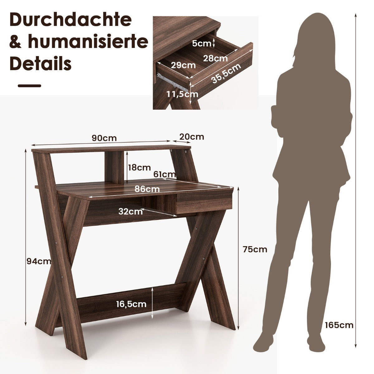 LIVSK Bureau met Monitorverhoging - Ergonomisch Design - Uittrekbare Lade - Ruim Werkblad - Voor Thuis en Kantoor - Walnoot