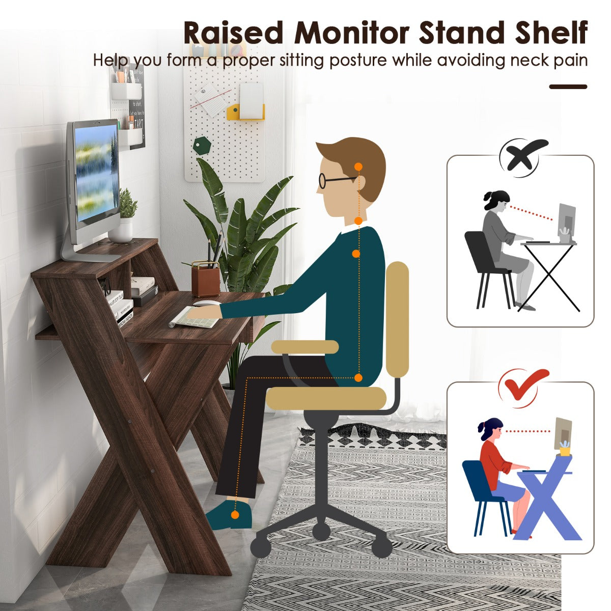 LIVSK Bureau met Monitorverhoging - Ergonomisch Design - Uittrekbare Lade - Ruim Werkblad - Voor Thuis en Kantoor - Walnoot