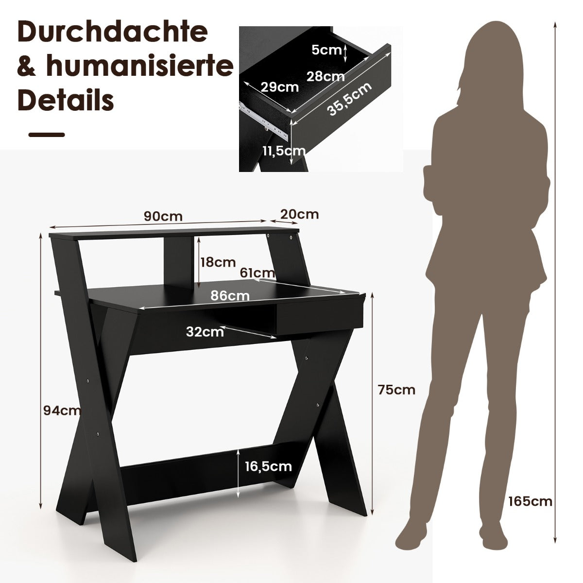 LIVSK Bureau met Monitorverhoging en Uittrekbare Lade - Ergonomisch - Stabiele X-vormige Poten - 90 x 61 x 94 cm - Zwart