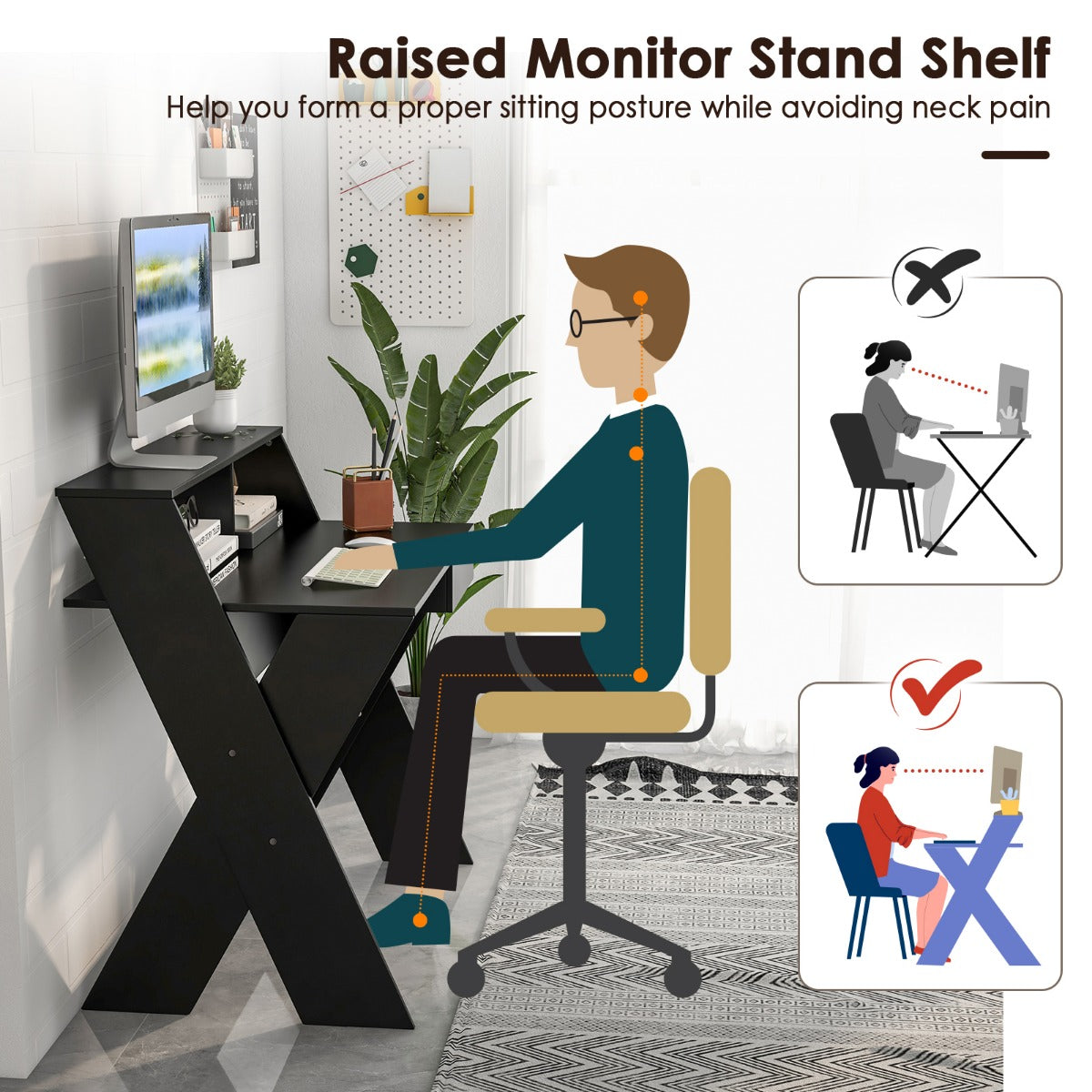 LIVSK Bureau met Monitorverhoging en Uittrekbare Lade - Ergonomisch - Stabiele X-vormige Poten - 90 x 61 x 94 cm - Zwart