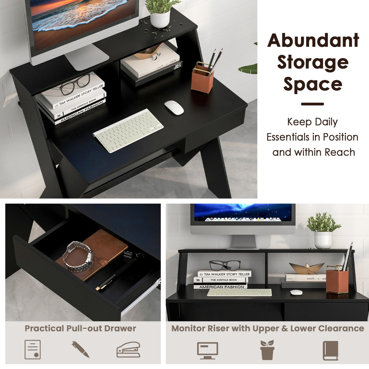 LIVSK Bureau met Monitorverhoging en Uittrekbare Lade - Ergonomisch - Stabiele X-vormige Poten - 90 x 61 x 94 cm - Zwart
