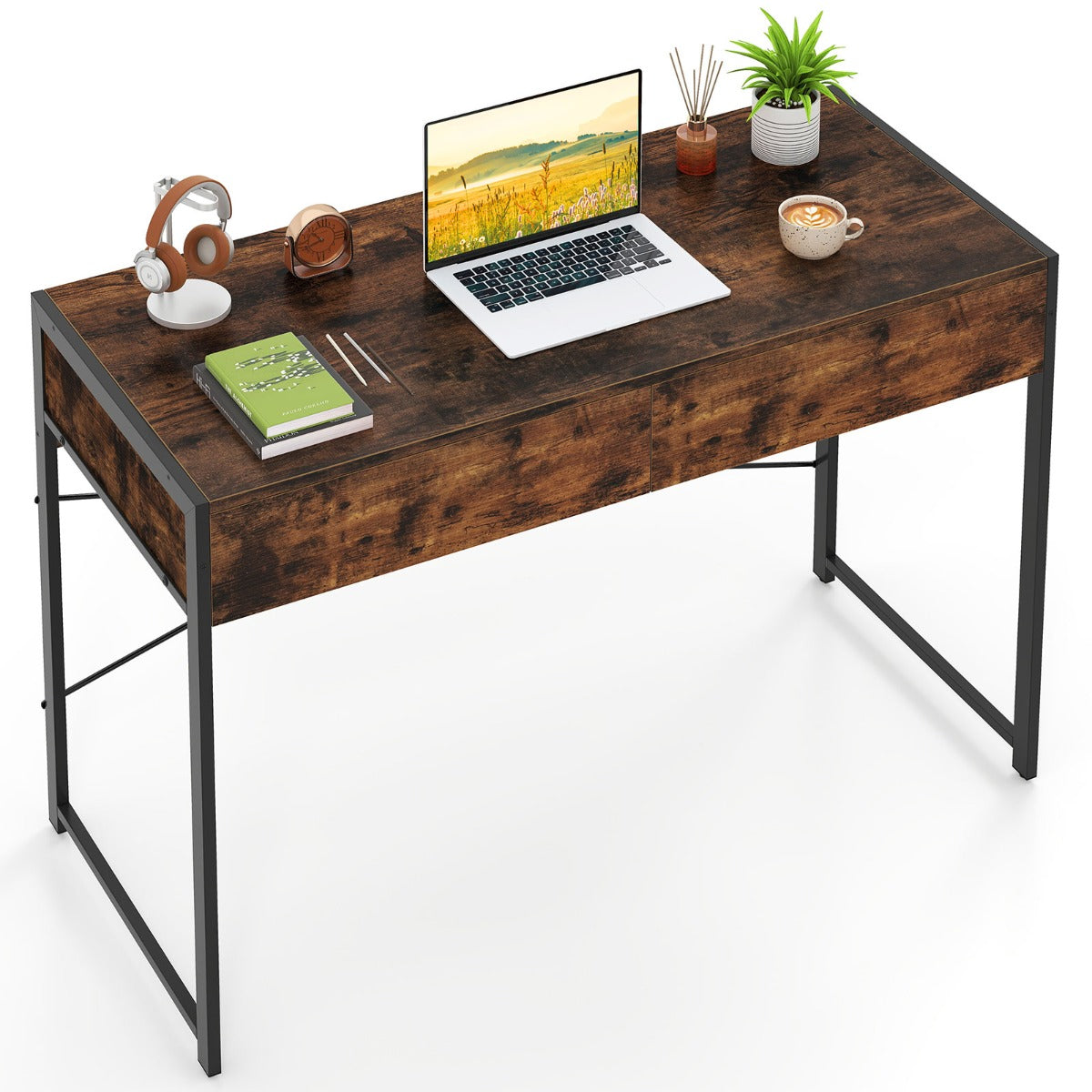 LIVSK Computerbureau - Robuust Metalen Frame - 2 Diepe Lades - Anti-Kantelbeveiliging - Tot 90 kg - Rustiek Bruin + Zwart
