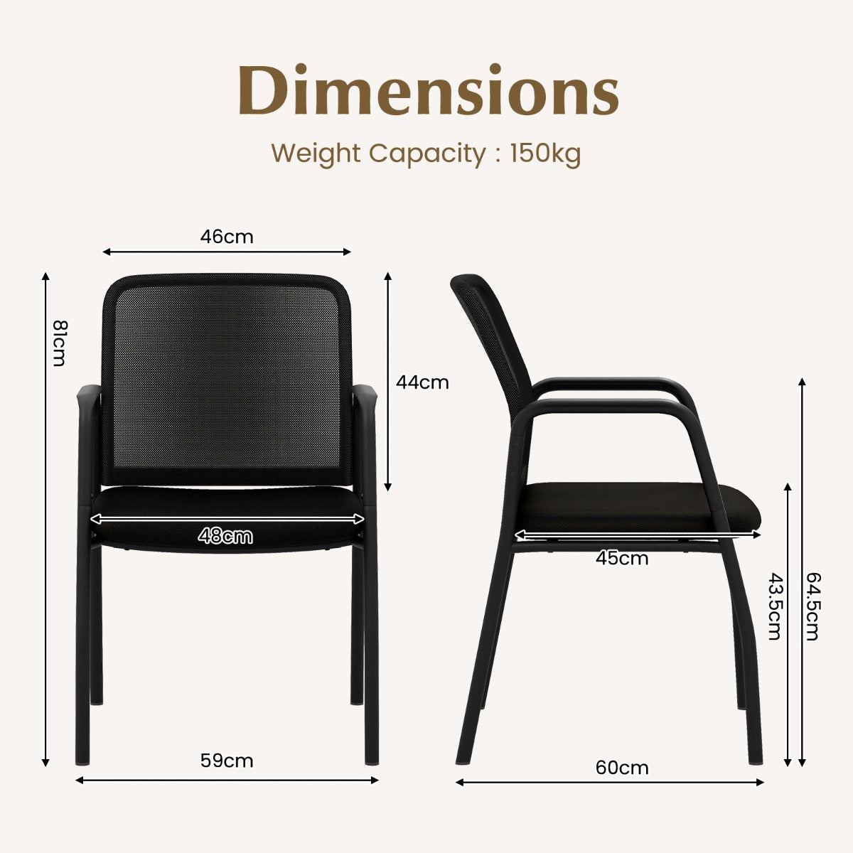 LIVSK Wachtkamerstoelen Set van 2 - Ergonomisch Design met Mesh Rugleuning - Gevoerde Zitting - Tot 150 kg - Zwart