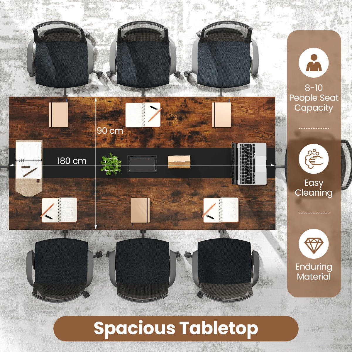 Livsk costway conferentietafel vergadertafel 180 x 90 cm rechthoekige seminarwerktafel met kabelmanagement voor kantoor vergaderruimte 3