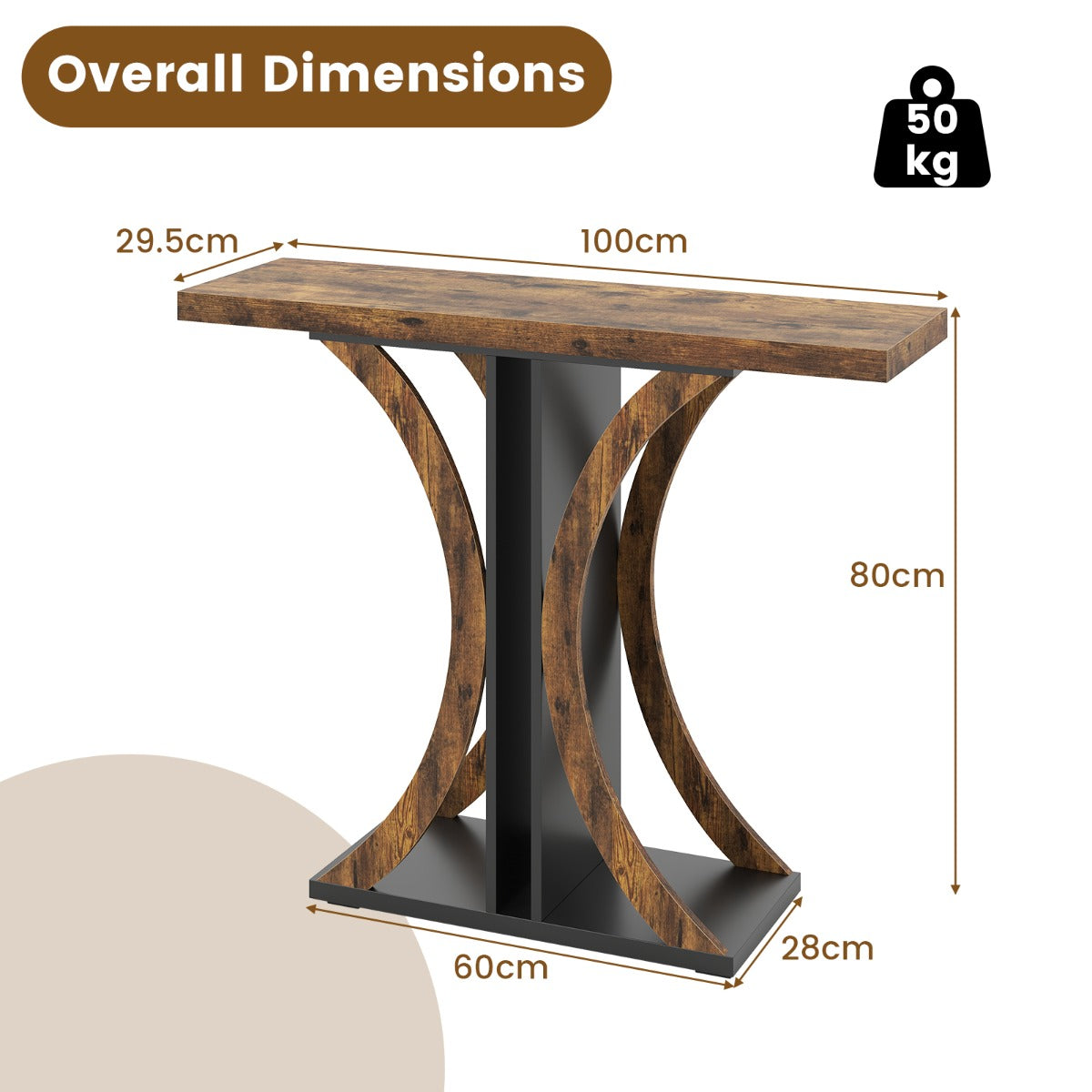 Livsk costway console 100 cm rechthoekige haltafel met geometrisch onderstel industriele salontafel achter de bank haltafel bruin