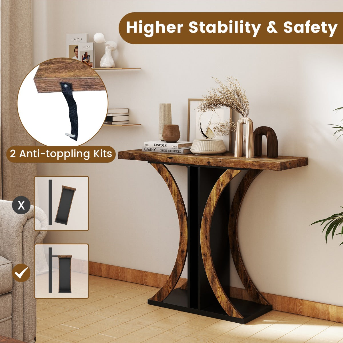 Livsk costway console 100 cm rechthoekige haltafel met geometrisch onderstel industriele salontafel achter de bank haltafel bruin