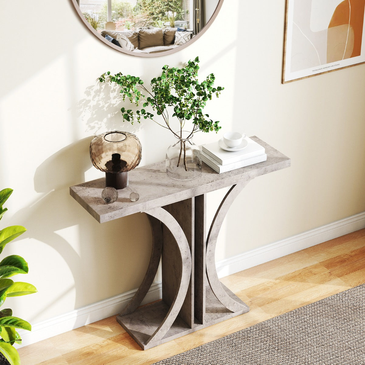 Livsk costway console 100 cm rechthoekige haltafel met geometrisch onderstel industriele salontafel achter de bank haltafel grijs