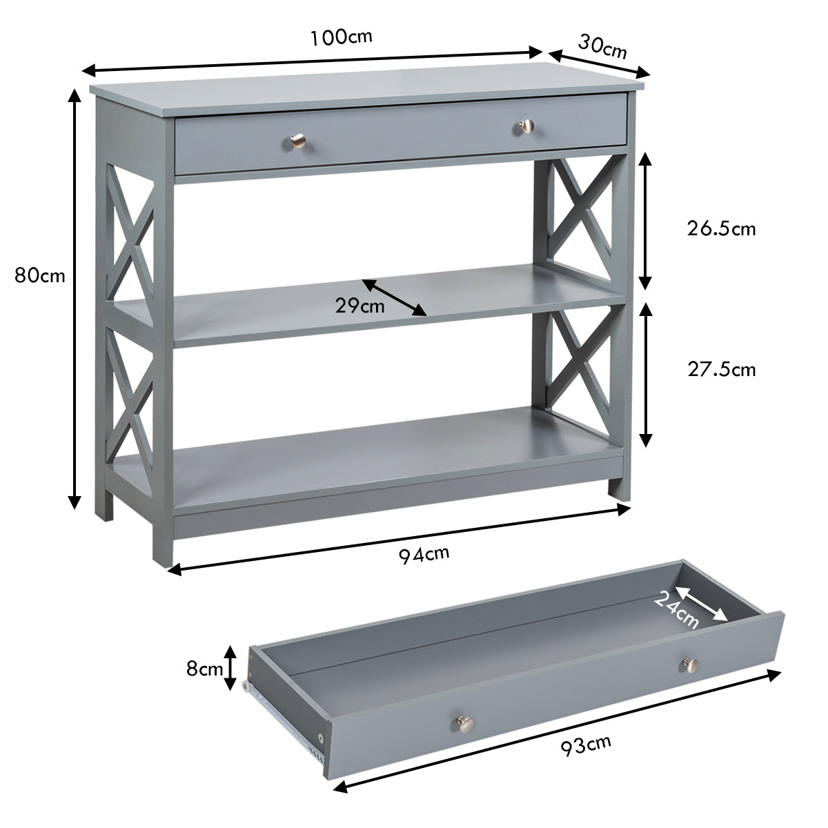 LIVSK Consoletafel met 3 Niveaus - Ruime Opbergruimte - Stevig MDF - Draagvermogen tot 95 kg - 100 x 30 x 80 cm - Grijs