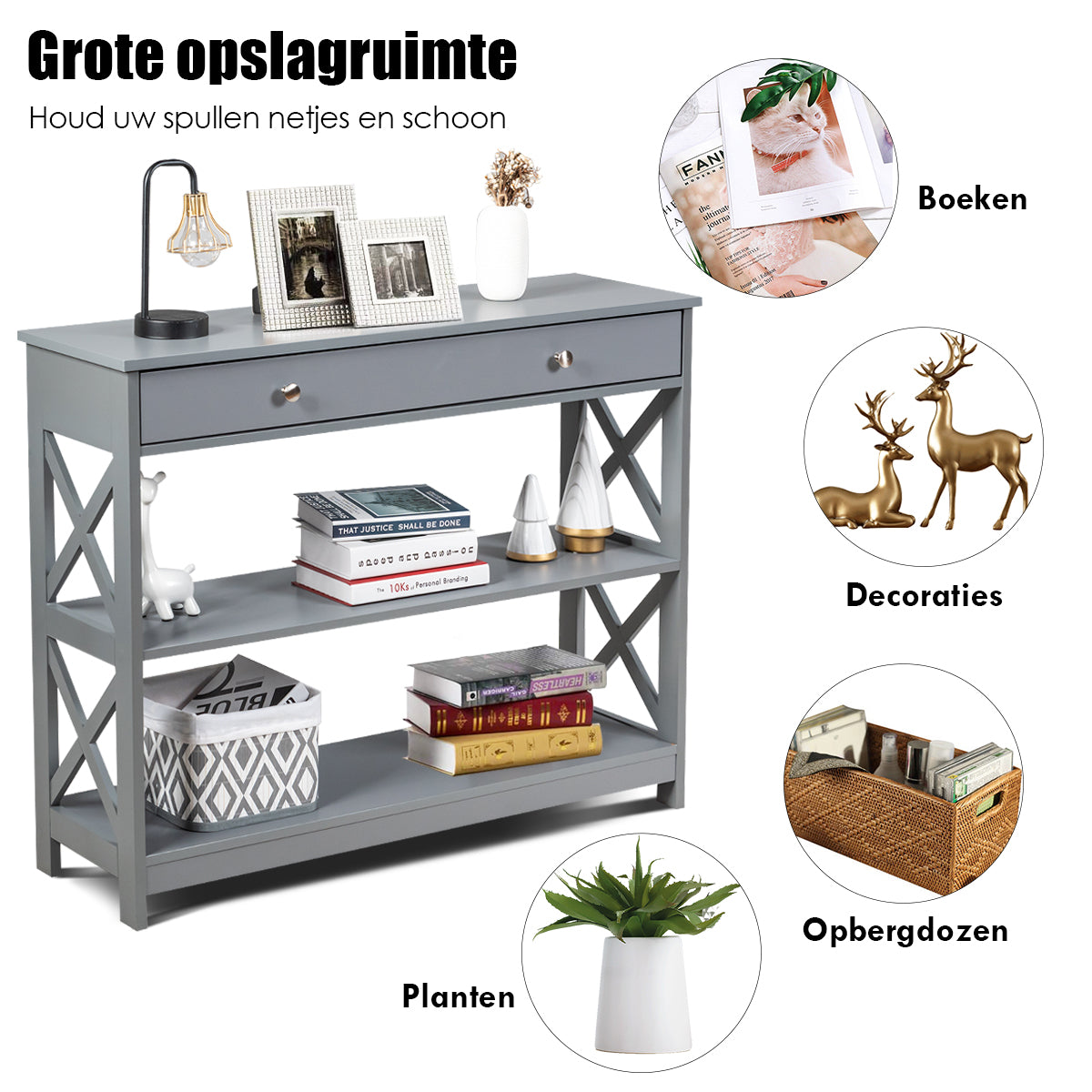 LIVSK Consoletafel met 3 Niveaus - Ruime Opbergruimte - Stevig MDF - Draagvermogen tot 95 kg - 100 x 30 x 80 cm - Grijs