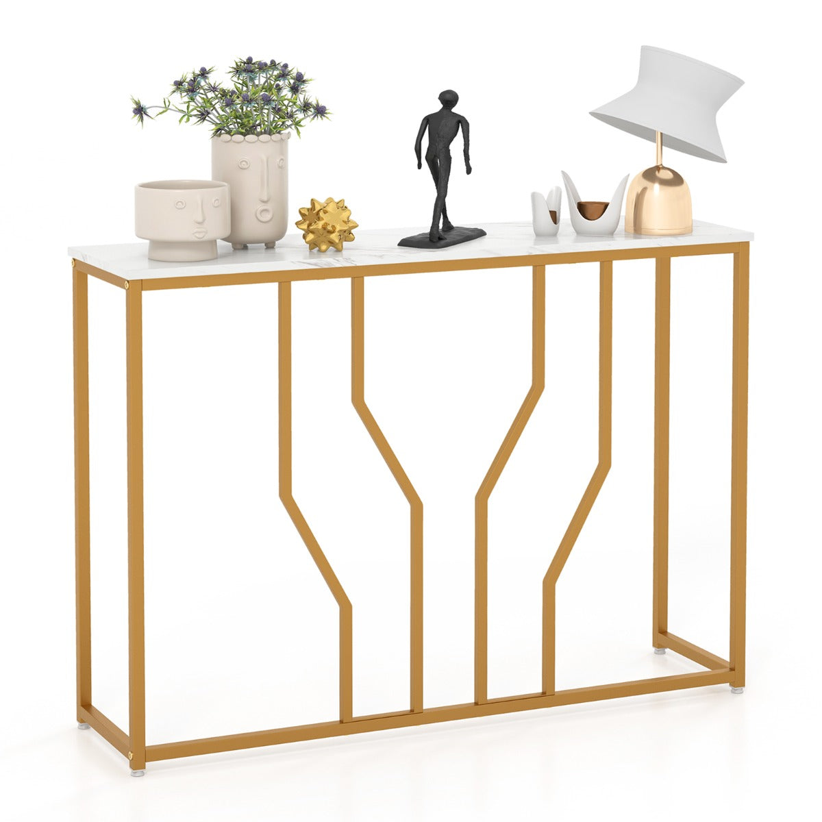 LIVSK Consoletafel met Imitatie Marmer - Geometrisch Goudkleurig Frame - Stevig en Veilig - 110 x 30 cm - Wit en Goud