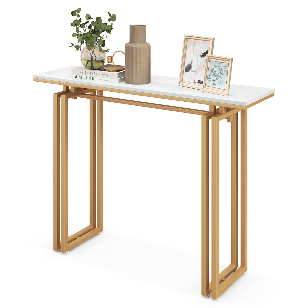 LIVSK Bijzettafel met Kunstmarmeren Blad - Gouden Metalen Poten - Ruim Tafelblad 110 x 30 x 81 cm - Duurzaam en Elegant - Goud +