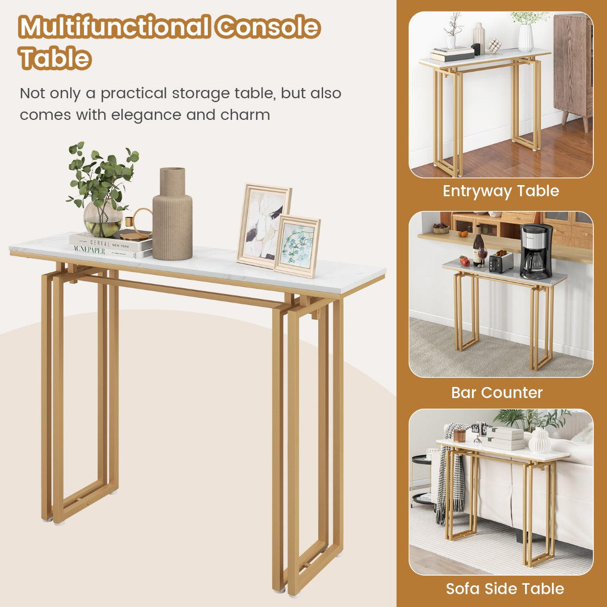 LIVSK Bijzettafel met Kunstmarmeren Blad - Gouden Metalen Poten - Ruim Tafelblad 110 x 30 x 81 cm - Duurzaam en Elegant - Goud +