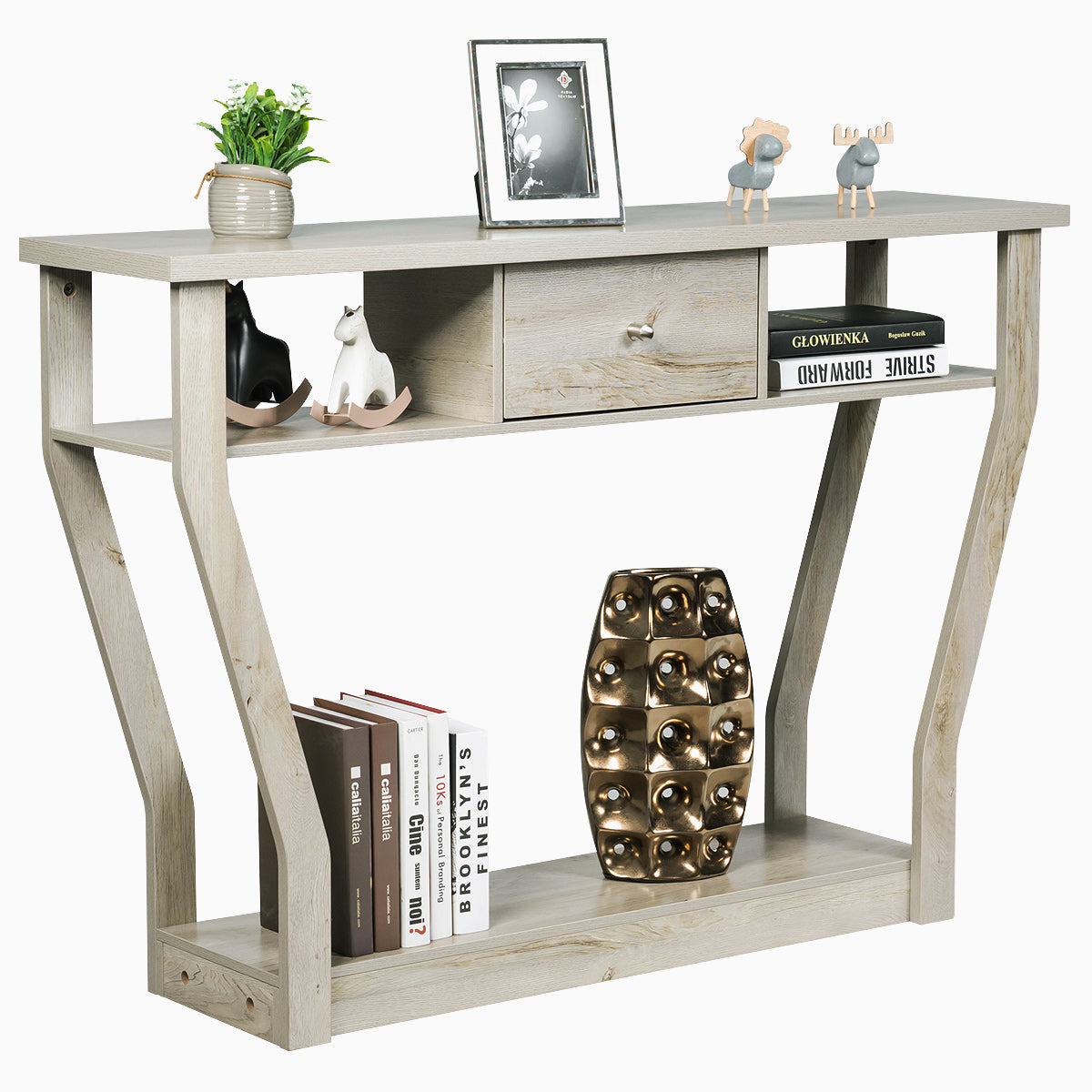 LIVSK Consoletafel - Hoogwaardig MDF - Veel Opbergruimte met Planken en Lade - Stabiel en Duurzaam - Grijs