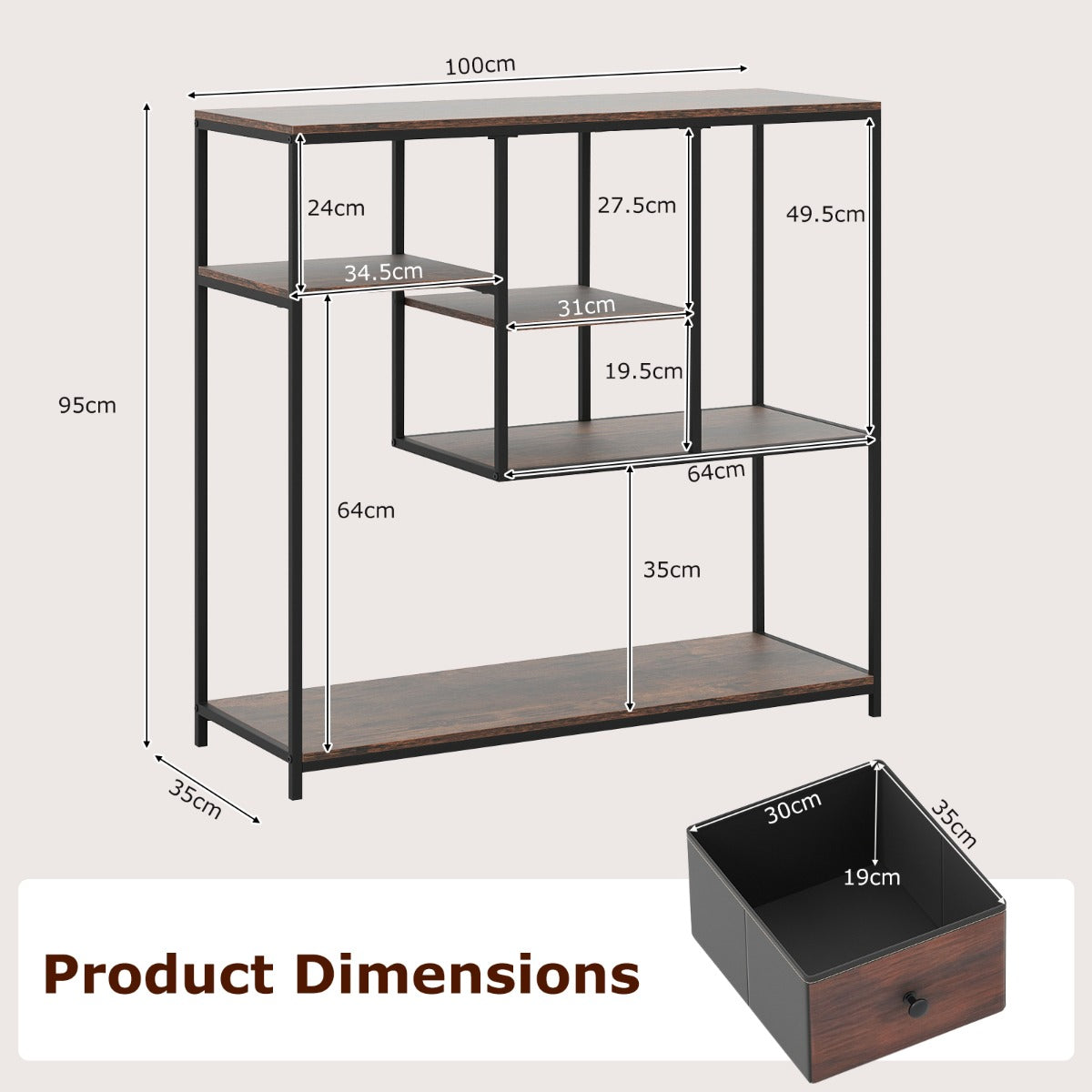 Livsk costway console tafel met opbergruimte tafel achter bank met lade en plank met 4 niveaus bruin 1 1