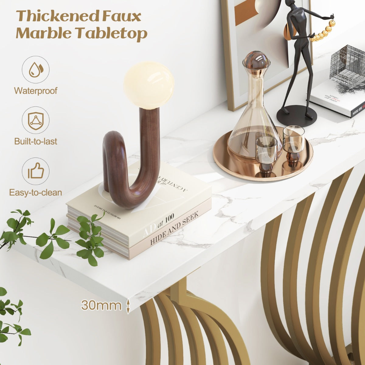 LIVSK Consoletafel - Wit Kunstmarmeren Blad - Gouden Metalen Poten - Waterdicht - 100 x 29,5 x 80,5 cm - Wit + Goud