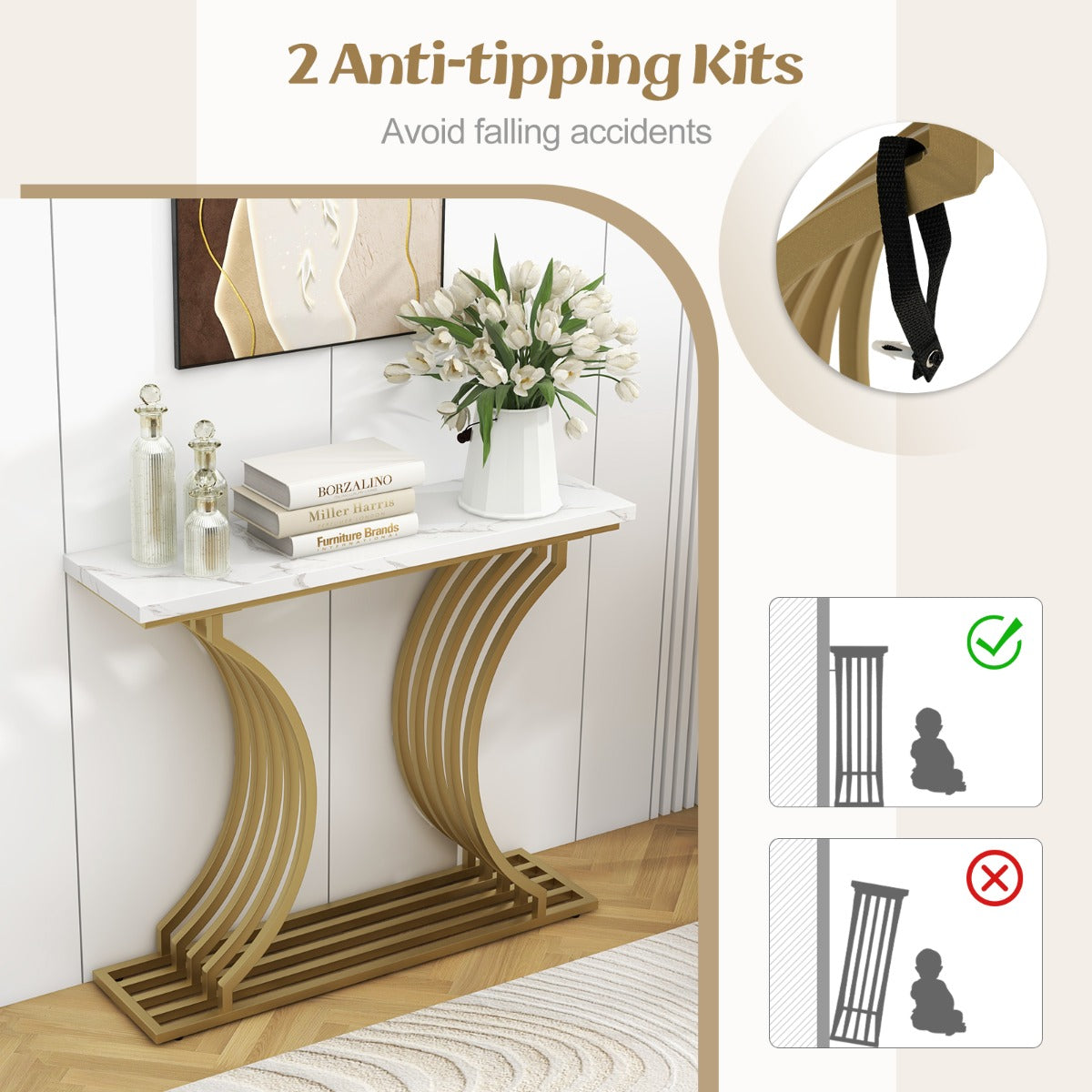 LIVSK Consoletafel - Wit Kunstmarmeren Blad - Gouden Metalen Poten - Waterdicht - 100 x 29,5 x 80,5 cm - Wit + Goud