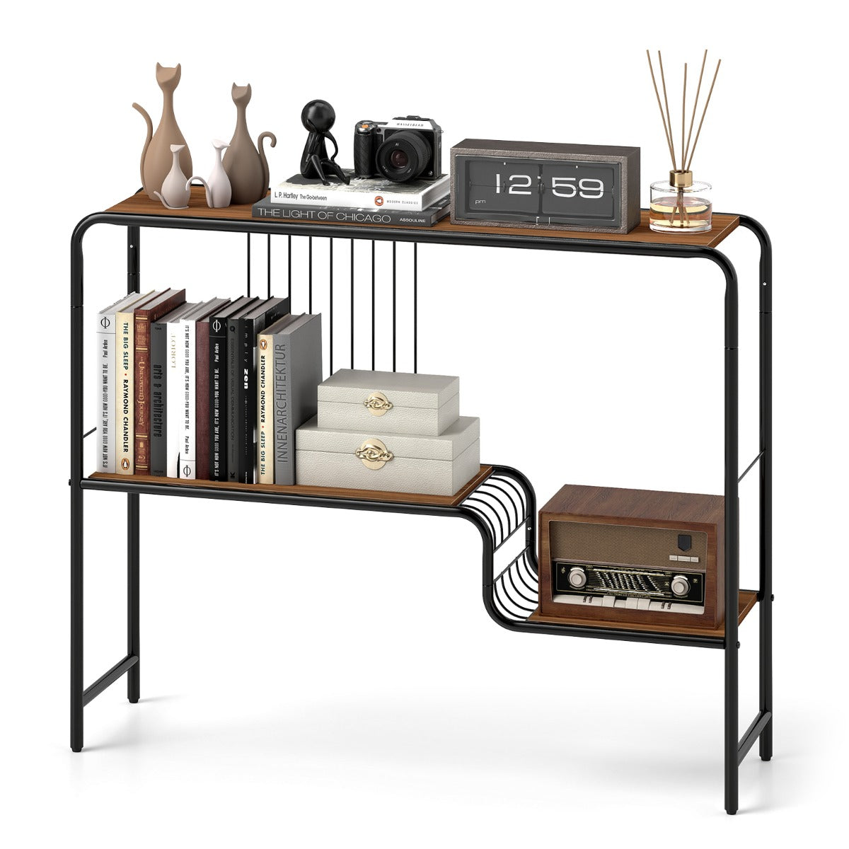 LIVSK Rustieke Consoletafel - Ruim Tafelblad met 2 Planken - Stabiel Metaal - Draagvermogen 20 kg - 99 x 27 x 79 cm - Walnoot &