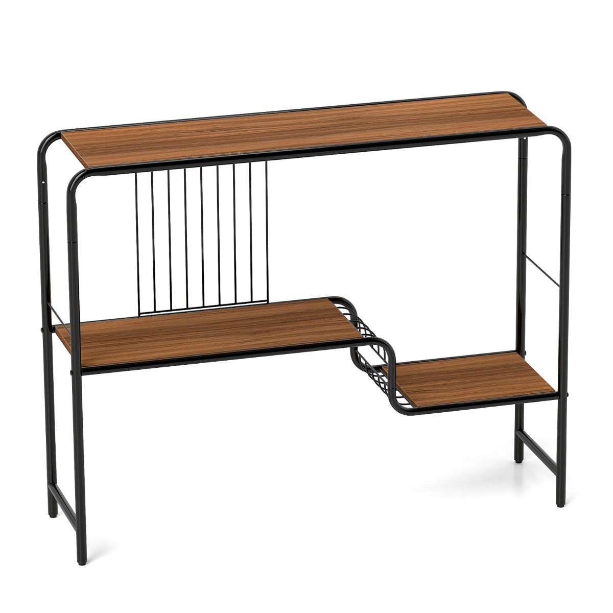 LIVSK Rustieke Consoletafel - Ruim Tafelblad met 2 Planken - Stabiel Metaal - Draagvermogen 20 kg - 99 x 27 x 79 cm - Walnoot &