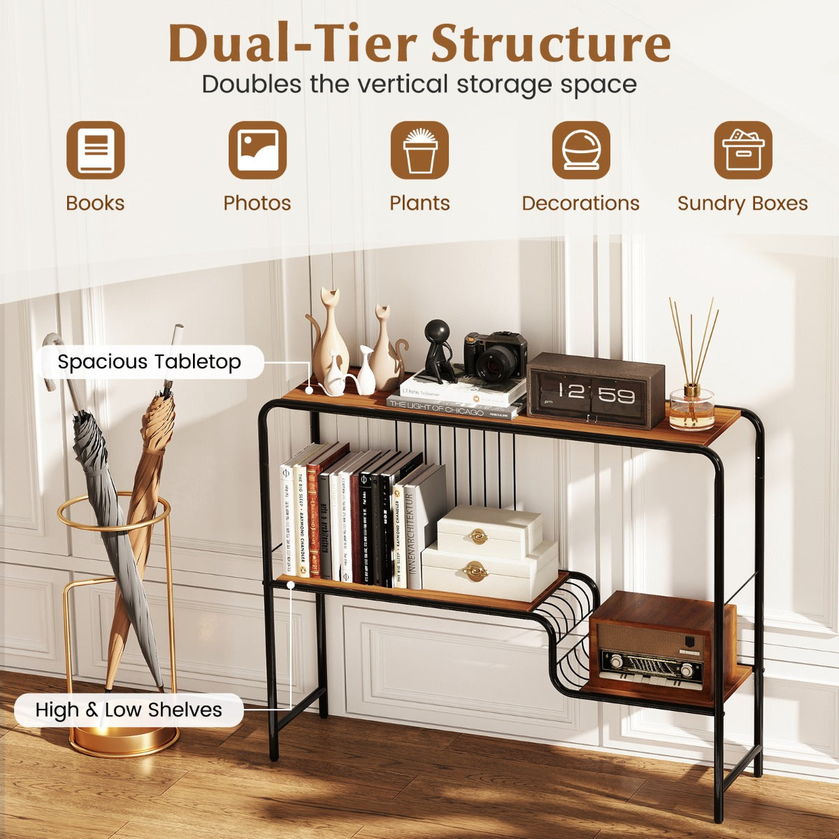LIVSK Rustieke Consoletafel - Ruim Tafelblad met 2 Planken - Stabiel Metaal - Draagvermogen 20 kg - 99 x 27 x 79 cm - Walnoot &