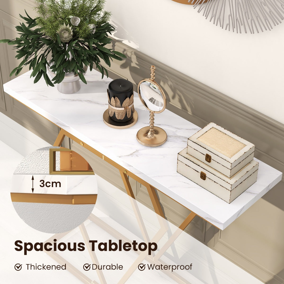 LIVSK Luxe Consoletafel - Imitatiemarmer met Geometrisch Gouden Frame - Waterbestendig - Eenvoudige Montage - 100 x 29,5 x 80 cm