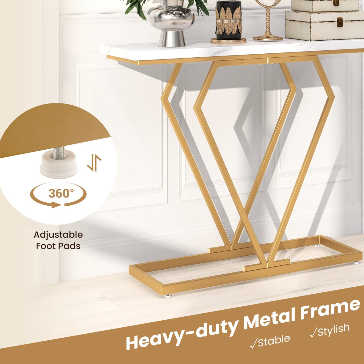 LIVSK Luxe Consoletafel - Imitatiemarmer met Geometrisch Gouden Frame - Waterbestendig - Eenvoudige Montage - 100 x 29,5 x 80 cm
