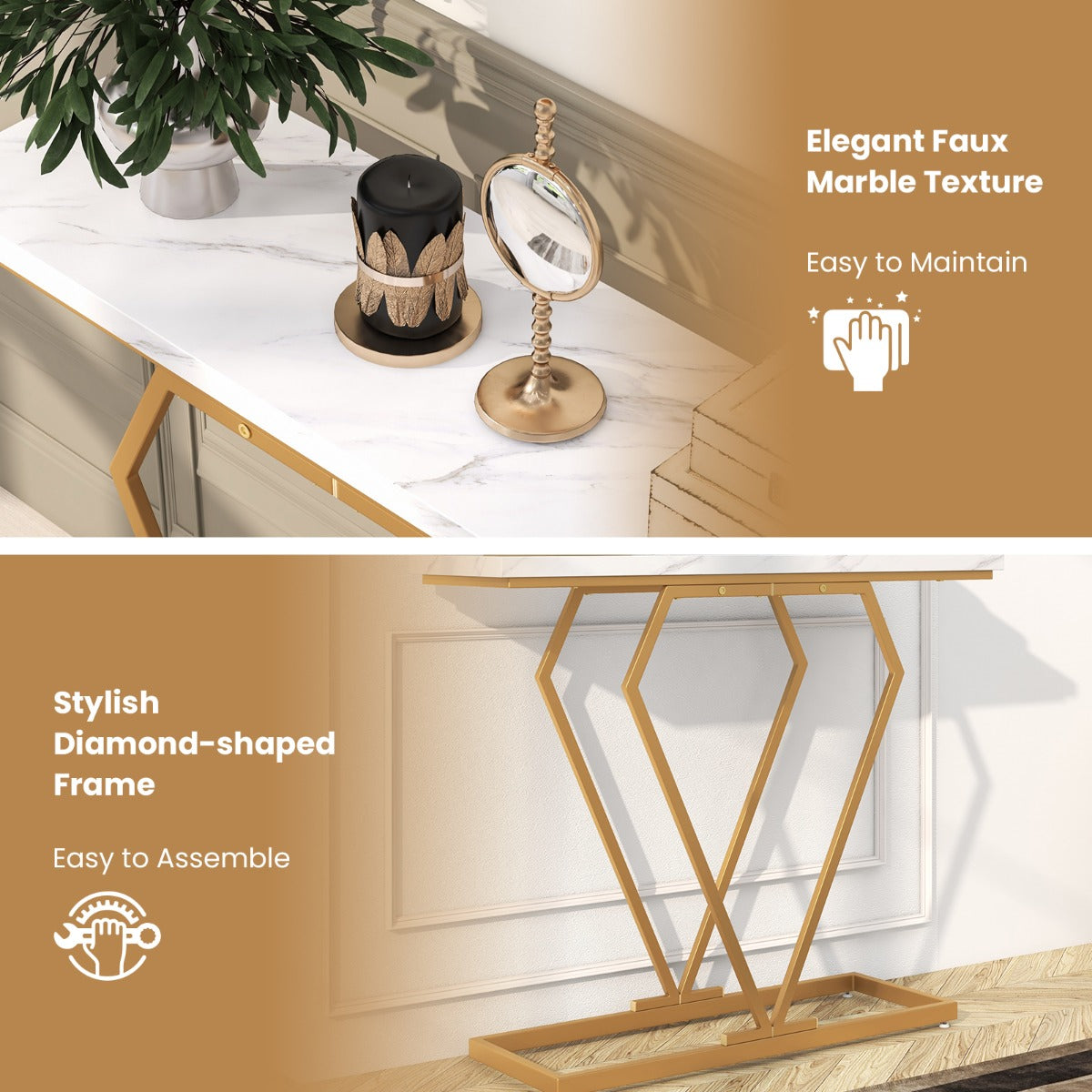 LIVSK Luxe Consoletafel - Imitatiemarmer met Geometrisch Gouden Frame - Waterbestendig - Eenvoudige Montage - 100 x 29,5 x 80 cm