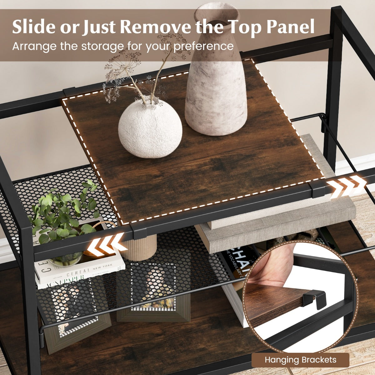 LIVSK Bijzettafel - Afneembaar Bovenblad - 2-in-1 Mesh-Plank - Brede Onderste Plank - Stabiel Metaal - 60 x 33,5 x 61 cm -