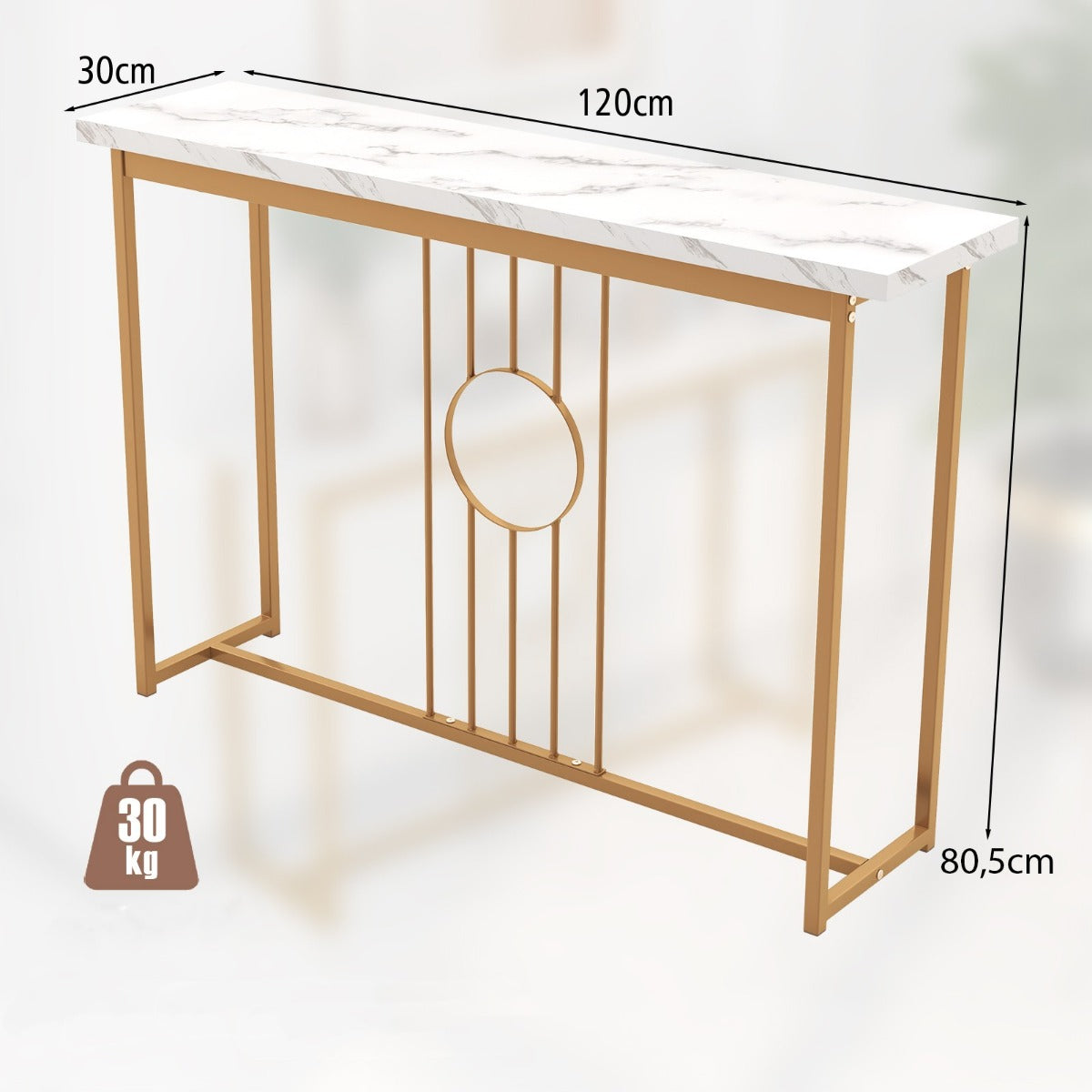 LIVSK Bijzettafel met Marmerlook - Gouden Metalen Poten - Extra Breed 120 cm - Stabiel en Duurzaam - Wit + Goud