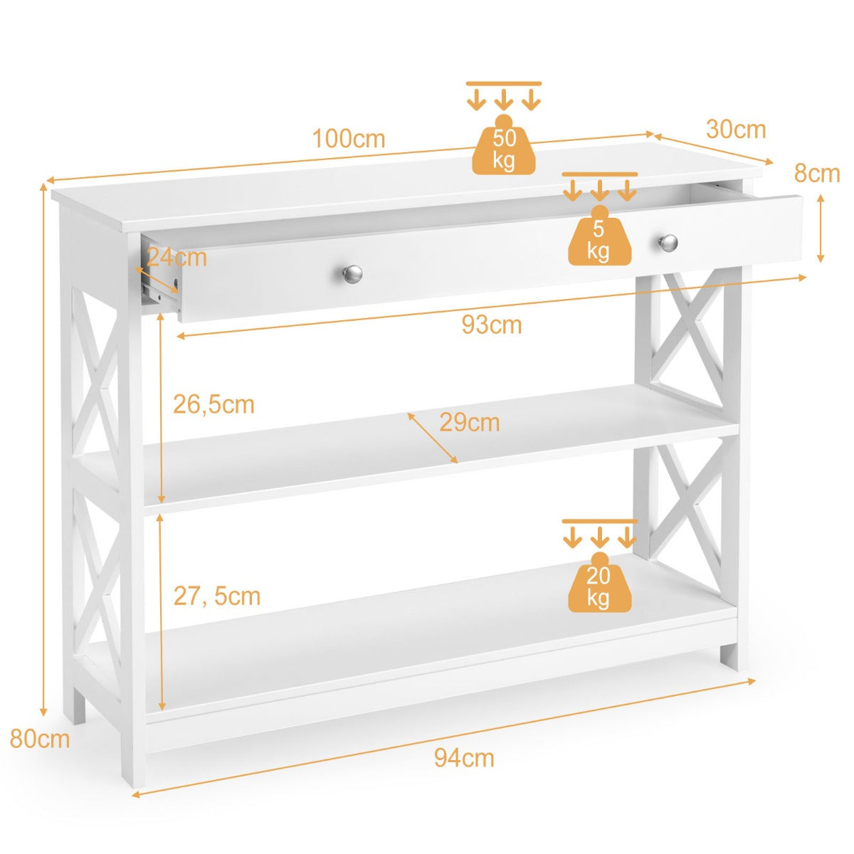 LIVSK Consoletafel met 3 Lagen - Ruime Opbergruimte - Stevige MDF Constructie - Multifunctioneel - 100 x 30 x 80 cm - Wit