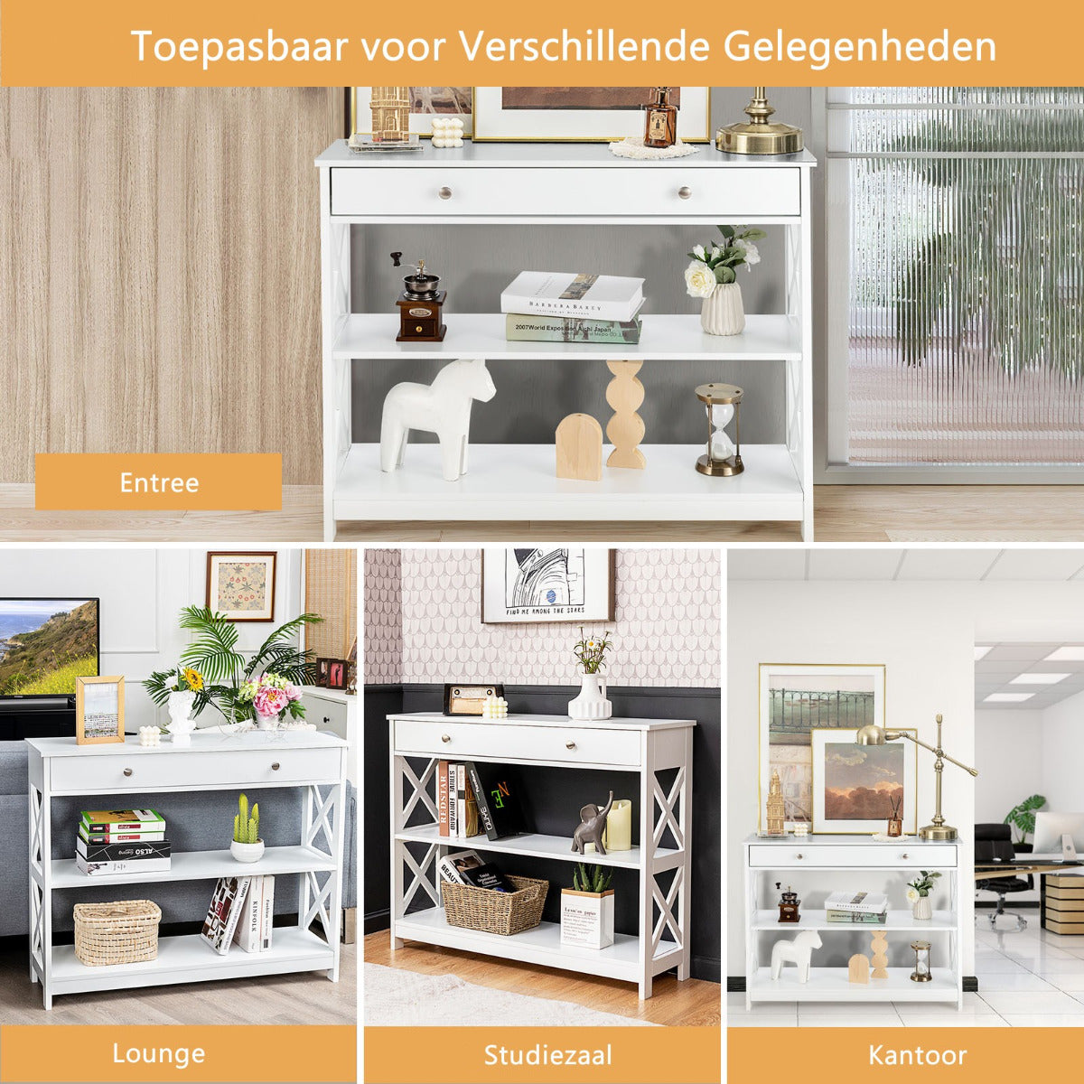 LIVSK Consoletafel met 3 Lagen - Ruime Opbergruimte - Stevige MDF Constructie - Multifunctioneel - 100 x 30 x 80 cm - Wit