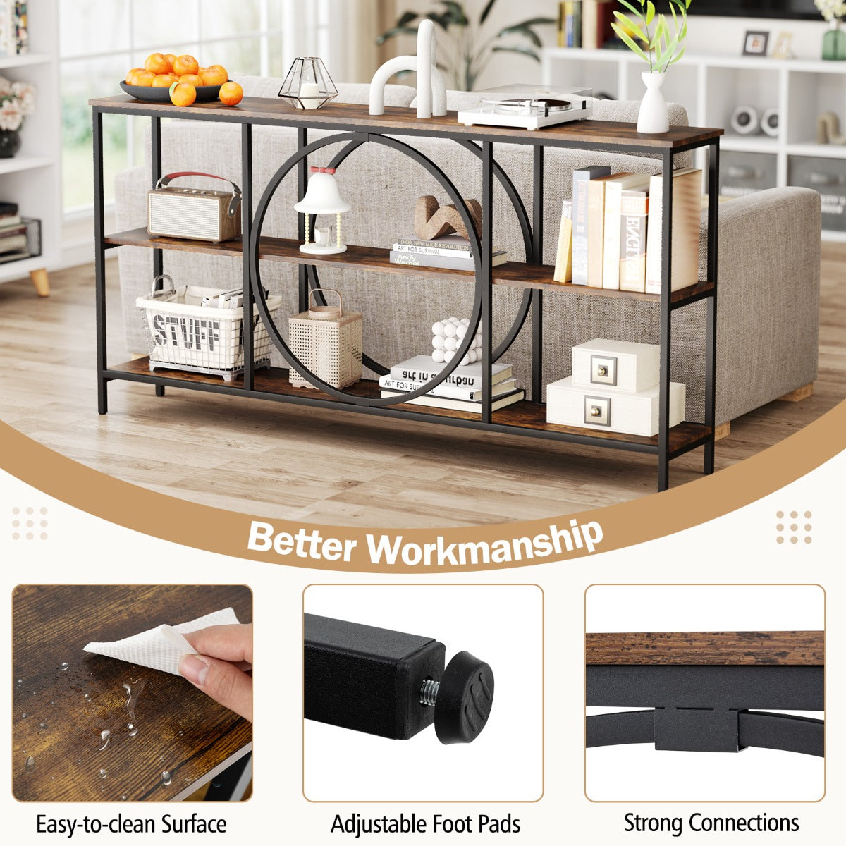 LIVSK Consoletafel - Slank Metalen Frame - 3 Laags - Kantelbeveiliging - Duurzaam en Elegant - 180 x 30 x 90 cm - Wit + Goud