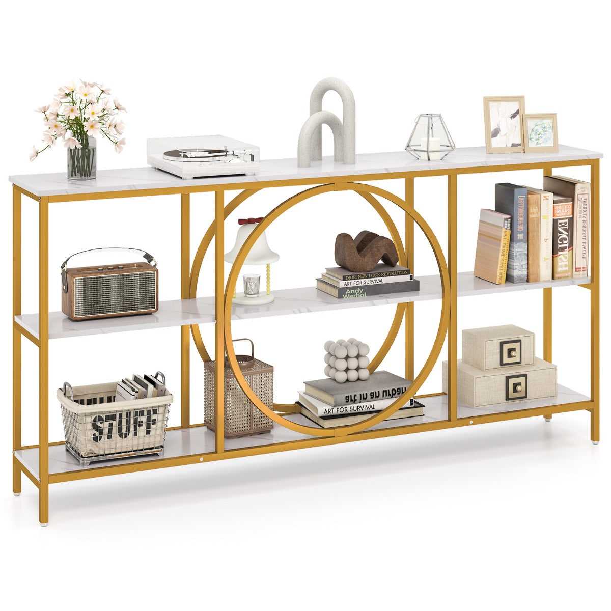 LIVSK Consoletafel met 3 Lagen - Stevig Metalen Frame - Poedercoating - Veiligheidsbeveiligingen - 180 x 30 x 90 cm - Wit + Goud