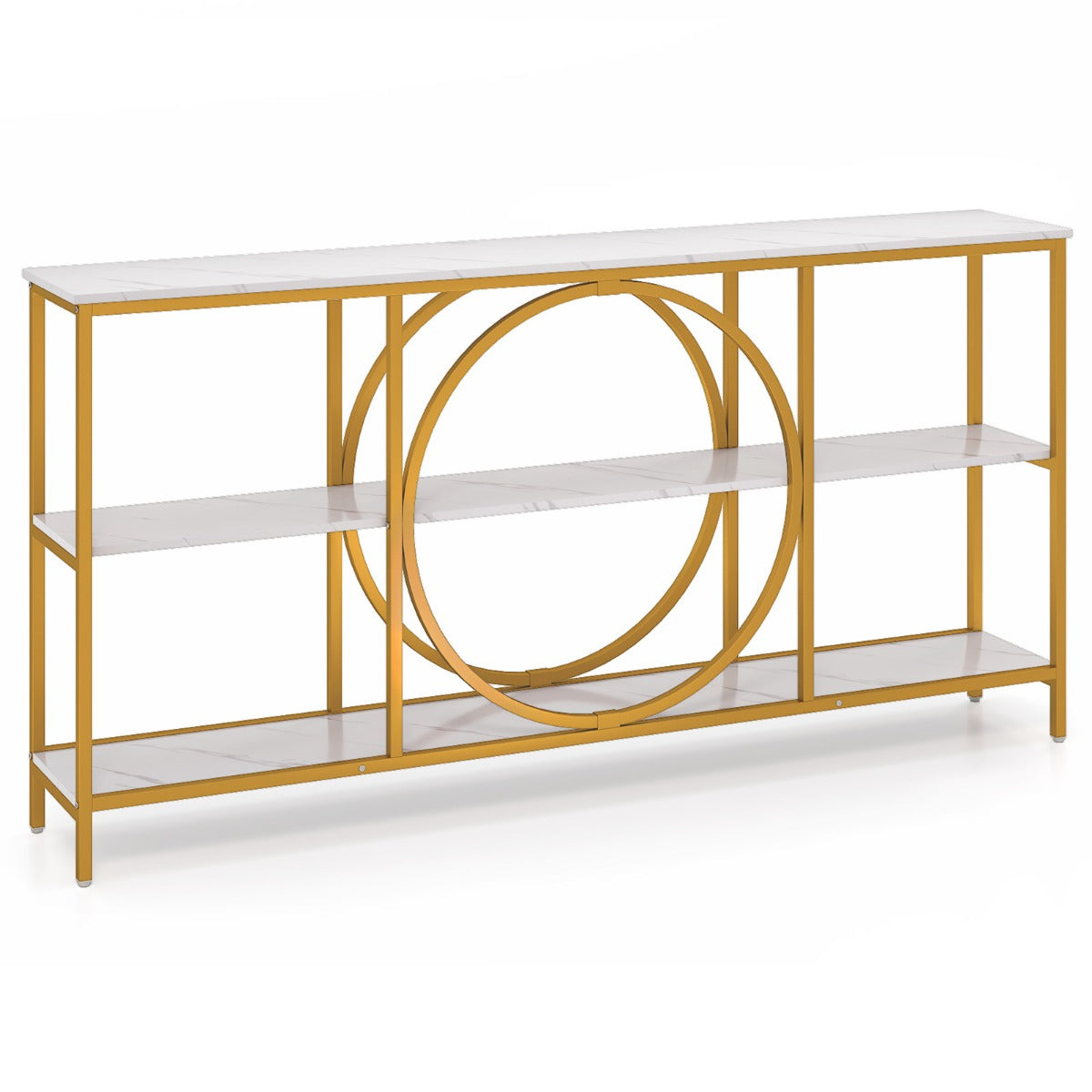 LIVSK Consoletafel met 3 Lagen - Stevig Metalen Frame - Poedercoating - Veiligheidsbeveiligingen - 180 x 30 x 90 cm - Wit + Goud