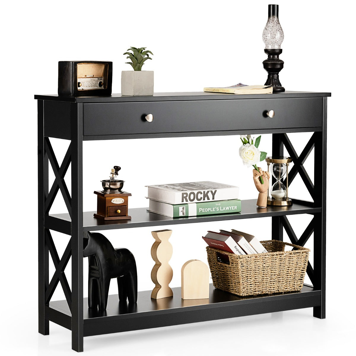 Livsk costway consoletafel met 3 niveaus lade en 2 planken van hout bijzettafel met x vormige poten voor entree 100 x 30 x 80 cm zwart