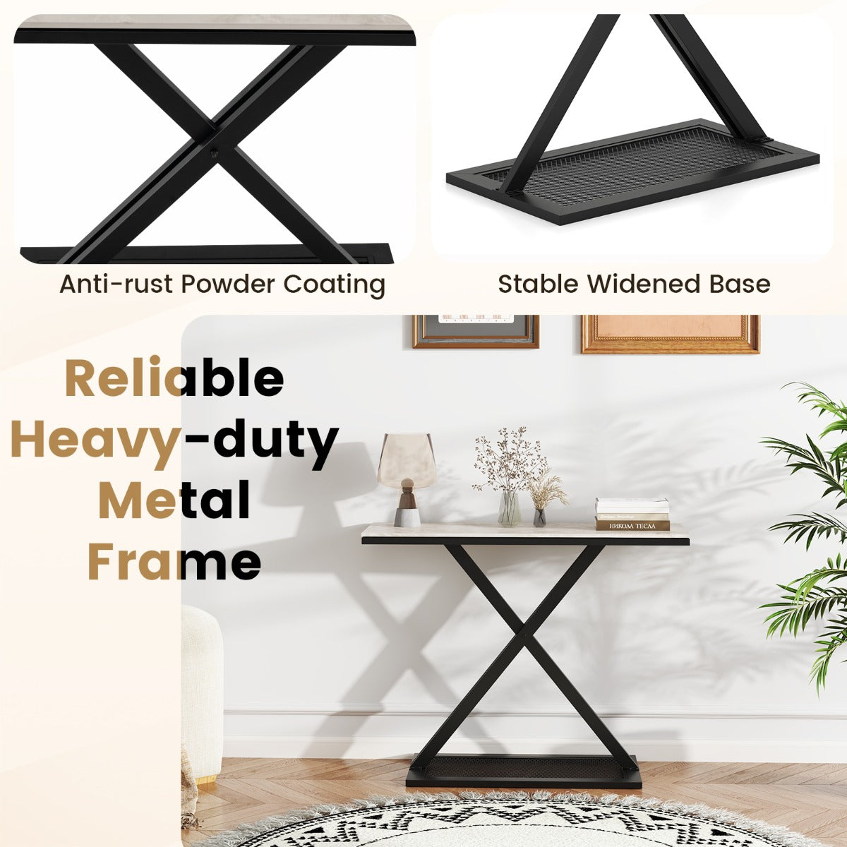 LIVSK Consoletafel - Imitatiemarmer Blad - Gepoeiercoat Metaal - 100 x 40 x 77,5 cm - Veiligheidsbeveiliging - Wit en Zwart